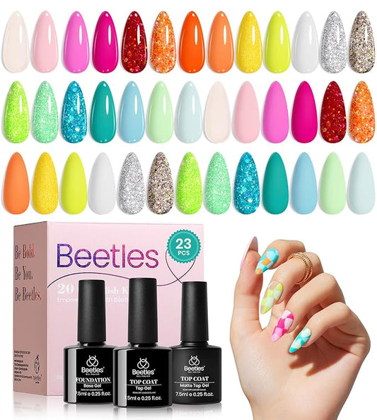 Beetles Gel Nail Polish Set, 20 Colors Neon Hot Pink Glitter Yellow Orange Blue Pastel Gel Nail Polish Kit Base Glossy & Matte Top Coat Rainbow Nail Gift for Women Diva of Divas