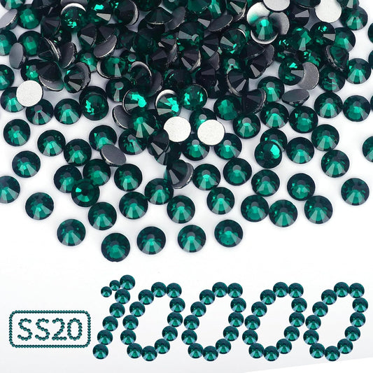10000PCS Emerald Rhinestones Bulk, Flat Back Crystal Glass Stone Round Gems,SS20, 4.6-4.8mm