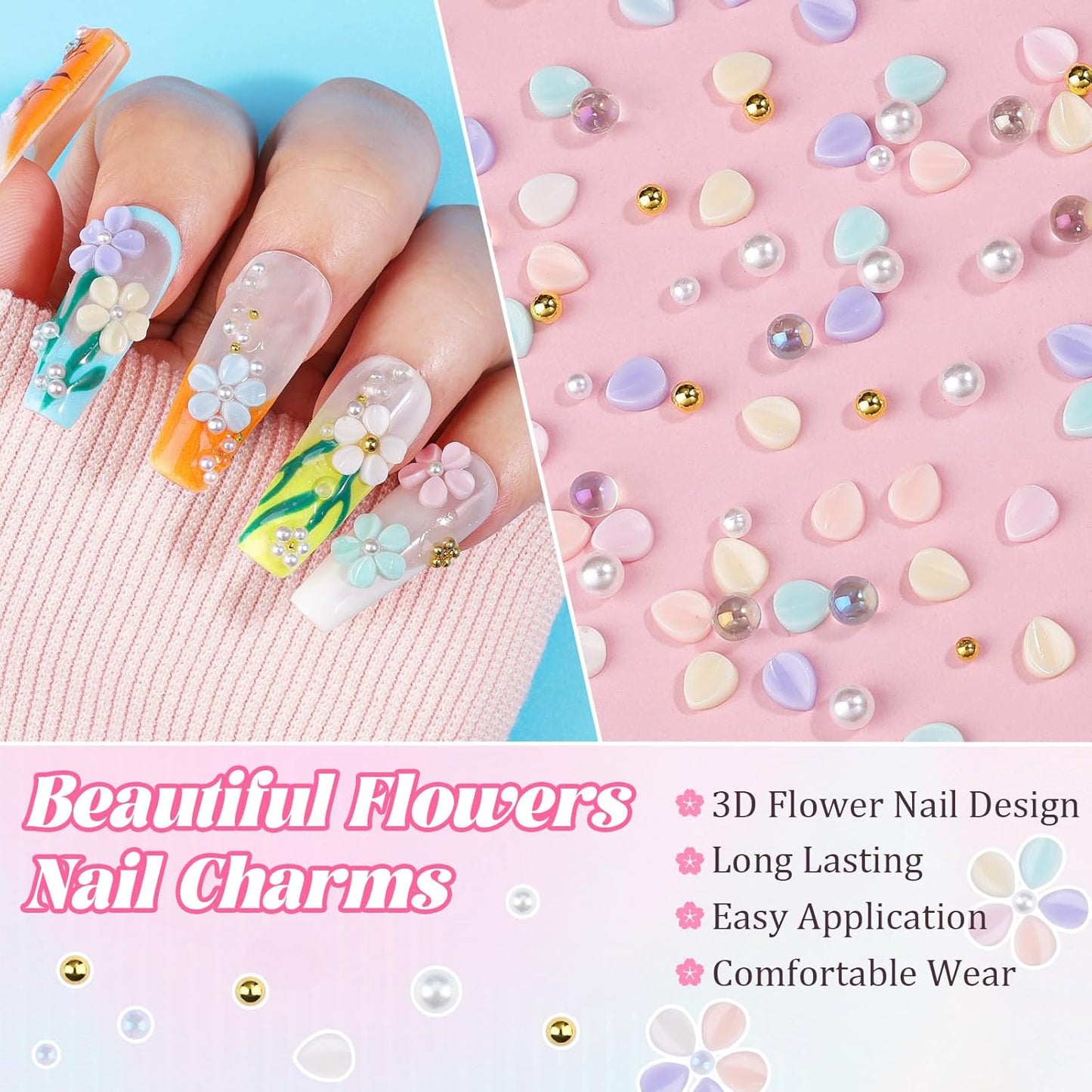 500Pcs Flower Nail Charms Kit, 400Pcs 3D Colorful Flowers Petals and 100Pcs Round Pearls with Nail Beads, Cherry Blossom Petal Tiny Gems Mixed Rhinestone for Nails DIY