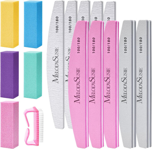 MelodySusie 16Pcs Professional Nail Buffer Kit,Nail Files and Buffers,Nail Buffer Block,Nail Brush, Nail File Buffers Kit for Natural Nails,DIY,Home Use,Salon（100/180 Grit）
