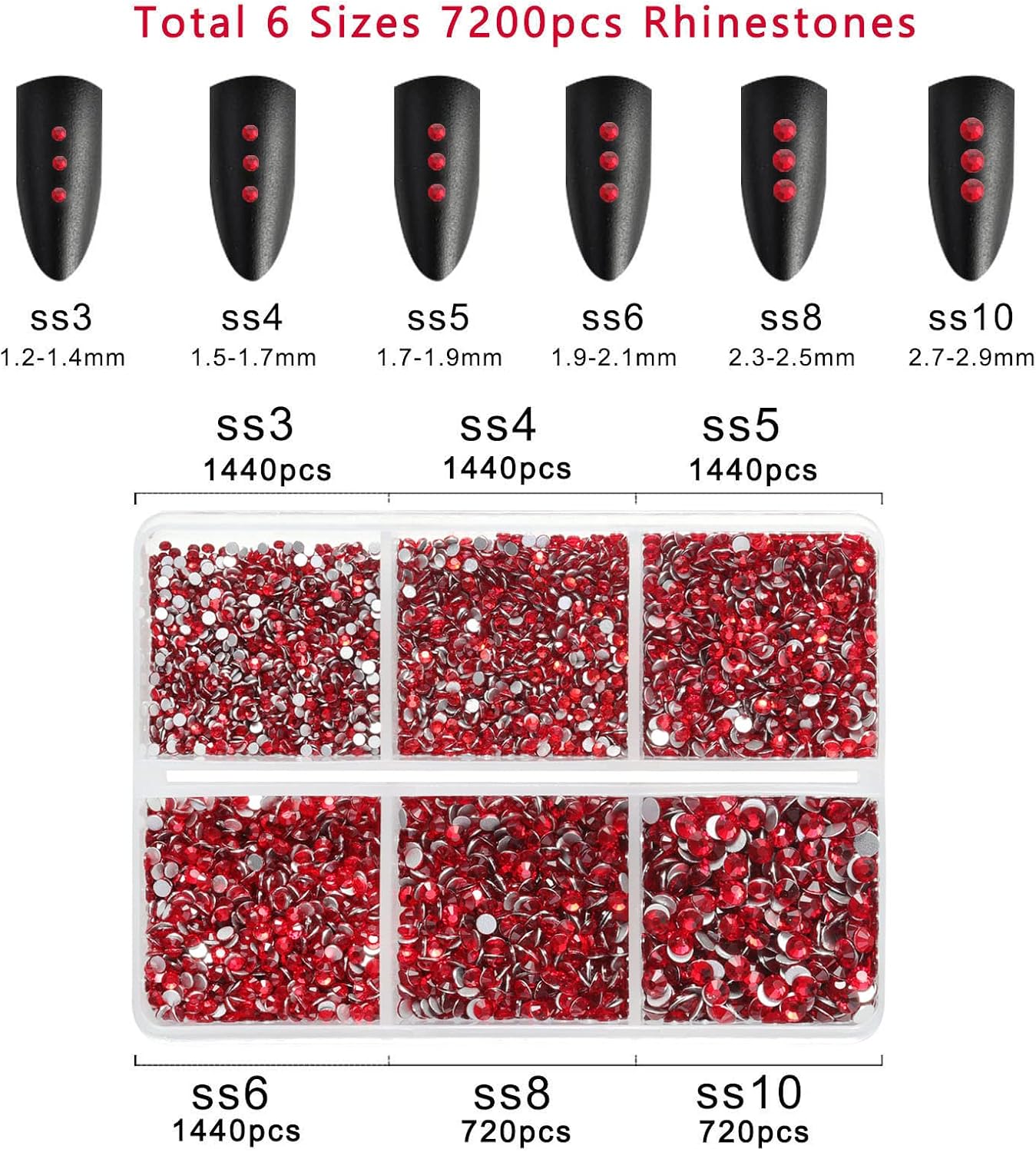 Beadsland 7200pcs Flatback Rhinestones,Red Rhinestone Nail Gems Round Crystal Rhinestones for Crafts,Mixed 6 Sizes with Wax Pencil Kit, SS3-SS10,Siam