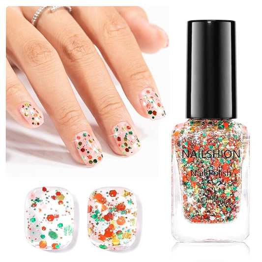Christmas Nail Polish, Red Green Gold Glitter Regular Nail Polish, Quick Air Dry, Non-gel, Vegan, Sparkle Holiday Nail Art DIY Home Travel Manicure Gift for Women Girls