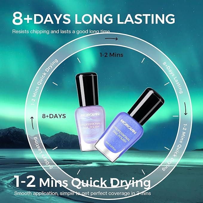 Morovan Blue Nail Polish Set: Aurora Pearl Glitter Purple Nail Polish Kit White Sparkle Shimmer Mermaid Regular Air Quick Dry Fingernail Polish Pack for Women 2025 Nail Art Design Gift Holiday Party