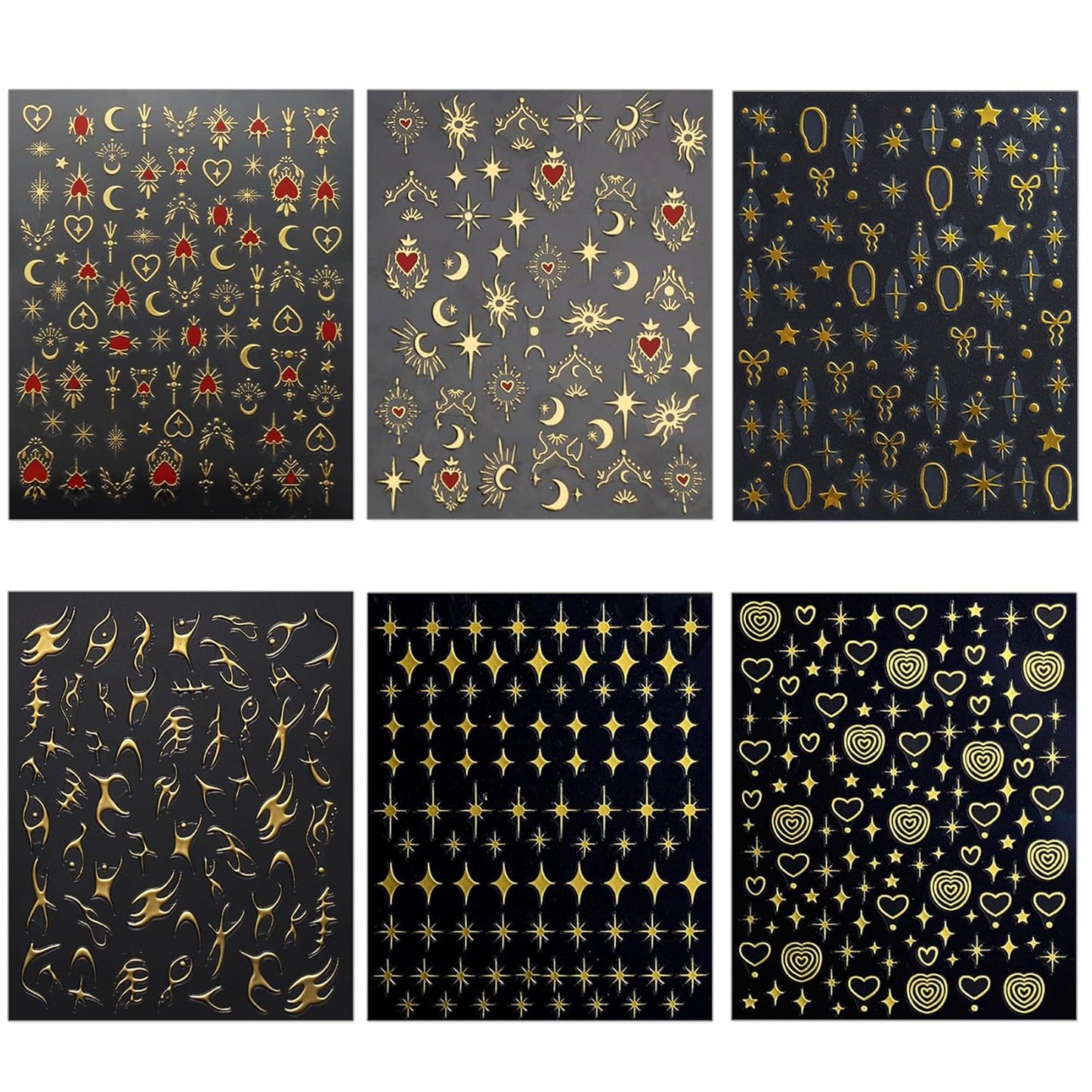 Gold Heart Nail Art Stickers - Valentines Day Star Self-Adhesive 3D Nail Decals for DIY Golden Manicure (6 Sheets)