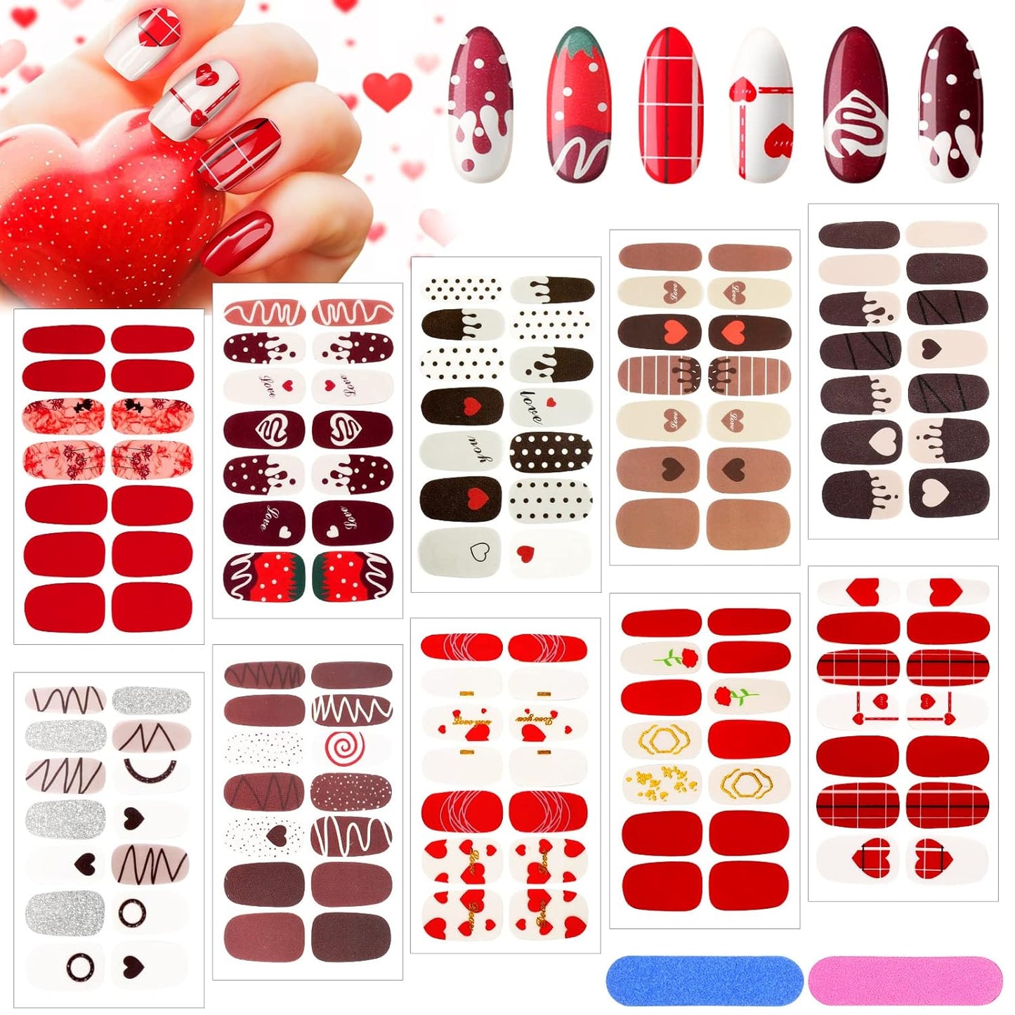 140 Pcs 10 Sheets Valentine's Day Full Wrap Nail Stickers Polish Strips Gradient Stickers Glitter Self Adhesive DIY Art Decals Strips with 2 Pcs Nail Files for Valentine Decor (Sweet Style)