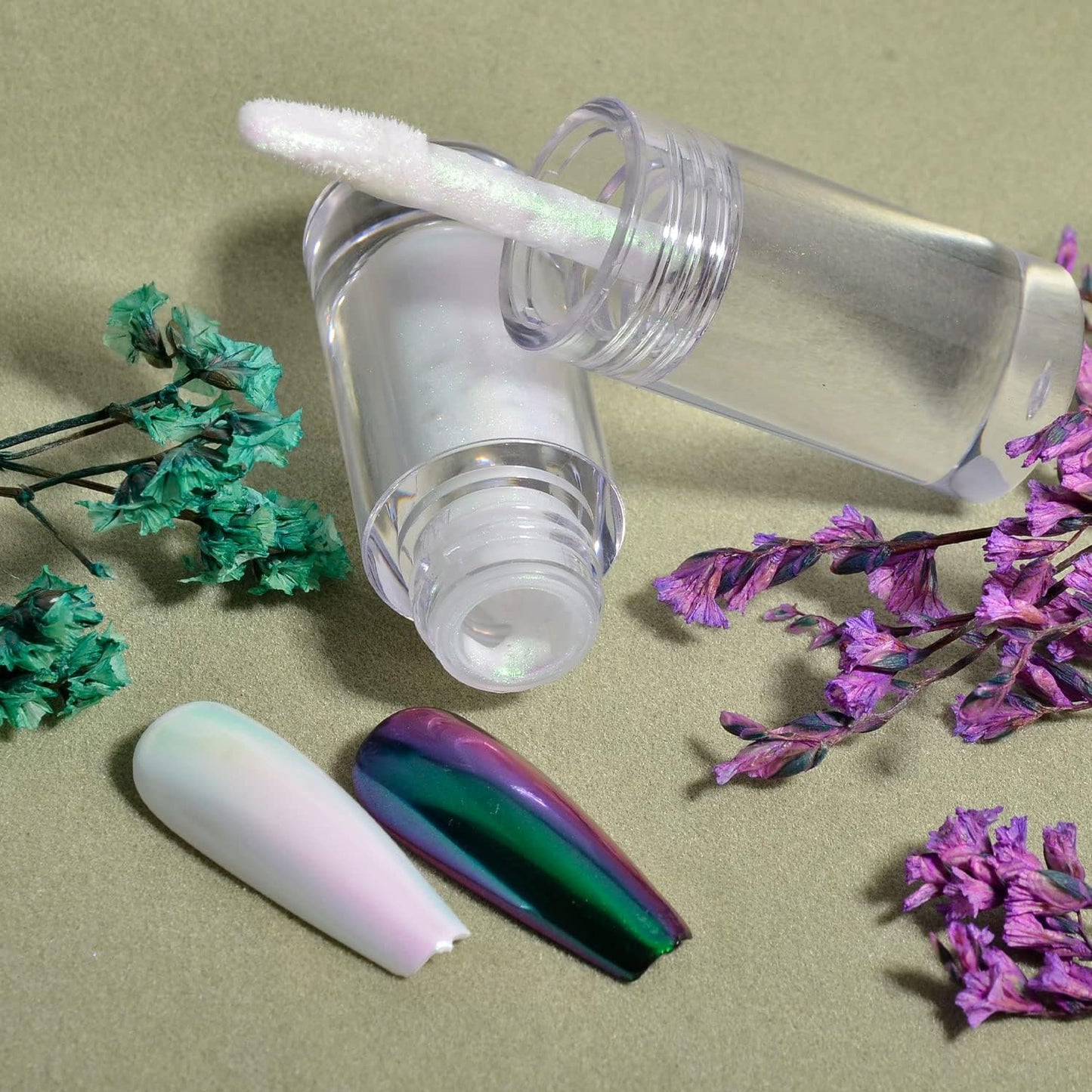 Chrome Nail Powder Aurora Mirror Effect Mermaid Pearl Glitter Iridescent Gel Nail Polish for Nail Art DIY Decoration (Green Iridescent)