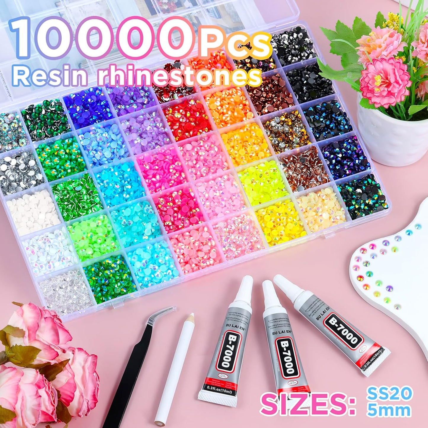 Zefy 40 Colors Resin Jelly Rhinestones for Bedazzling, 5mm 10000 Pcs Flatback Gems for Crafting, Bedazzling Kit with 3Pcs B7000 Glue for Clothing Shoes Nail Book Diamond Art