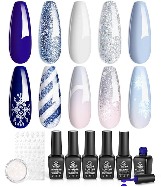Beetles Gel Polish Winter Christmas Gel Nail Polish Set 5 Colors Dark Blue Glitter White Light Blue Silver Gel Polish Kit with Nail Sticker Soak off UV LED DIY Gifts for Women Sparkling Snow