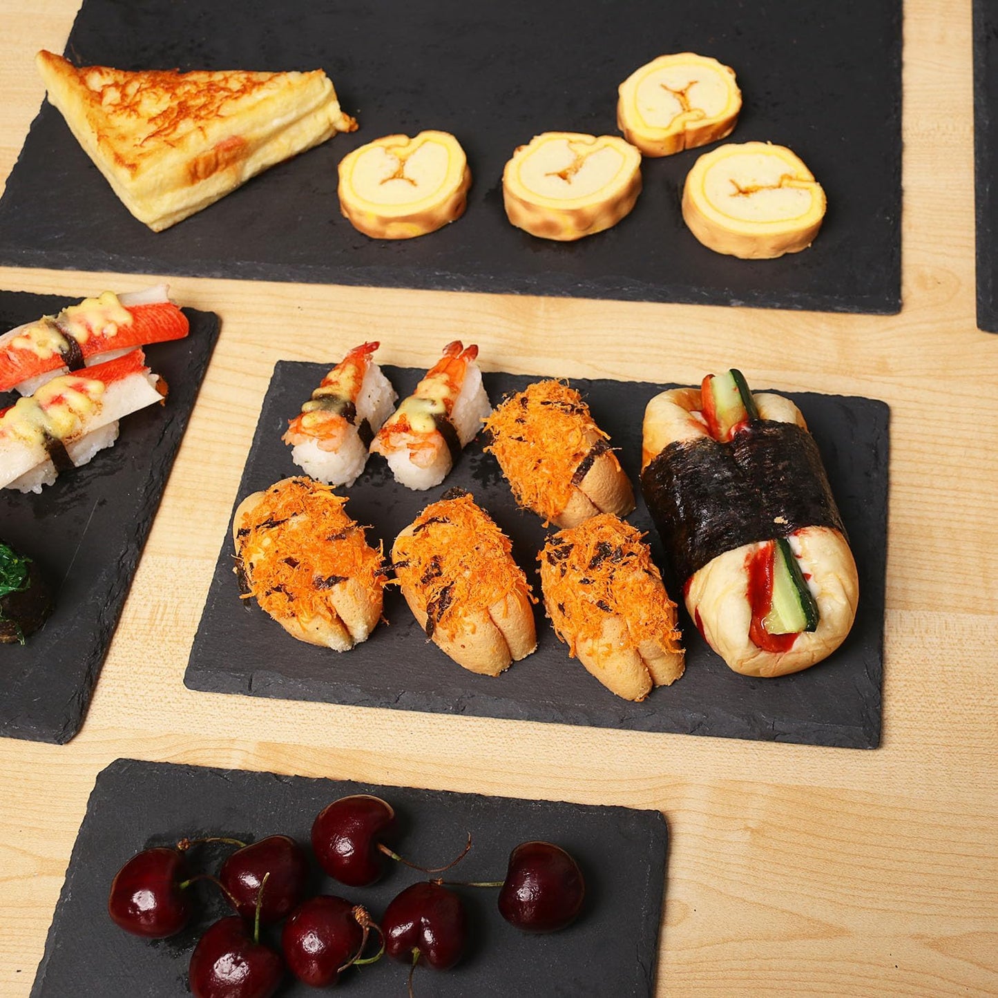 8 Pack 8.7 x 6 Inch Slate Cheese Boards, Black Rectangle Slate Charcuterie Boards, Natural Charcuterie Stone Plates for Parties, Gifts, and Special Events, Cheese, Sushi, Food.