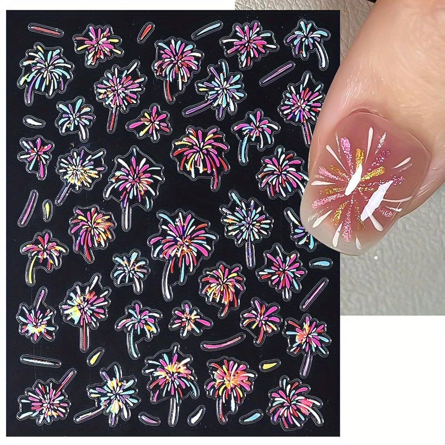 Glitter Firework Nail Art Stickers - Celebrating The New Year, 4th of July Shining Starry Sky Self-Adhesive Nail Decals for DIY Patriotic Independence Day Memorial Day Manicure (3 Sheets)