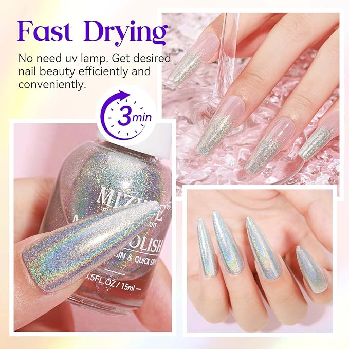 MIZHSE Holographic Nail Polish, Silver Glitter Nail Polish Air Dry Fast, 15 ml 0.5 fl oz High Glossy Shiny Nail Pigment Oil-based Laser Iridescent Nail Lacquer Chrome Halo Nail Art Salon Manicure Home