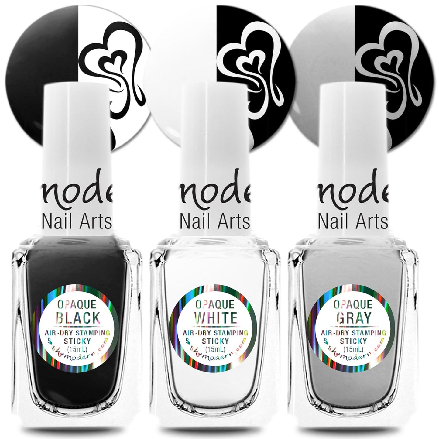 SheModern STICKY BLACK + WHITE + GRAY Stamping Polishes (Set 2) For Nail Art Design Air-Dry Collection. More Transfer Time with Tacky Surface for Easy Adhere of Pigment, Glitter