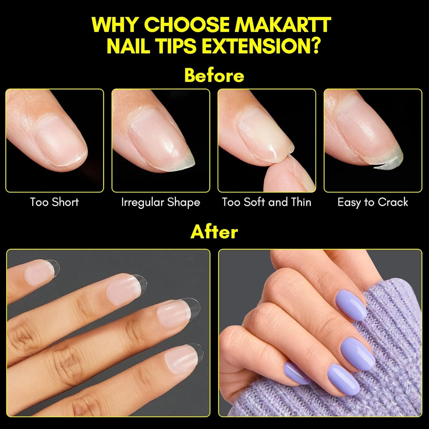 Makartt Short Oval Nail Tips: 500pcs Full Cover Clear Press on Acrylic Nails Extension 10 Sizes Natural Soak Off Soft Gel Manicure Fake Tip Salon DIY Home