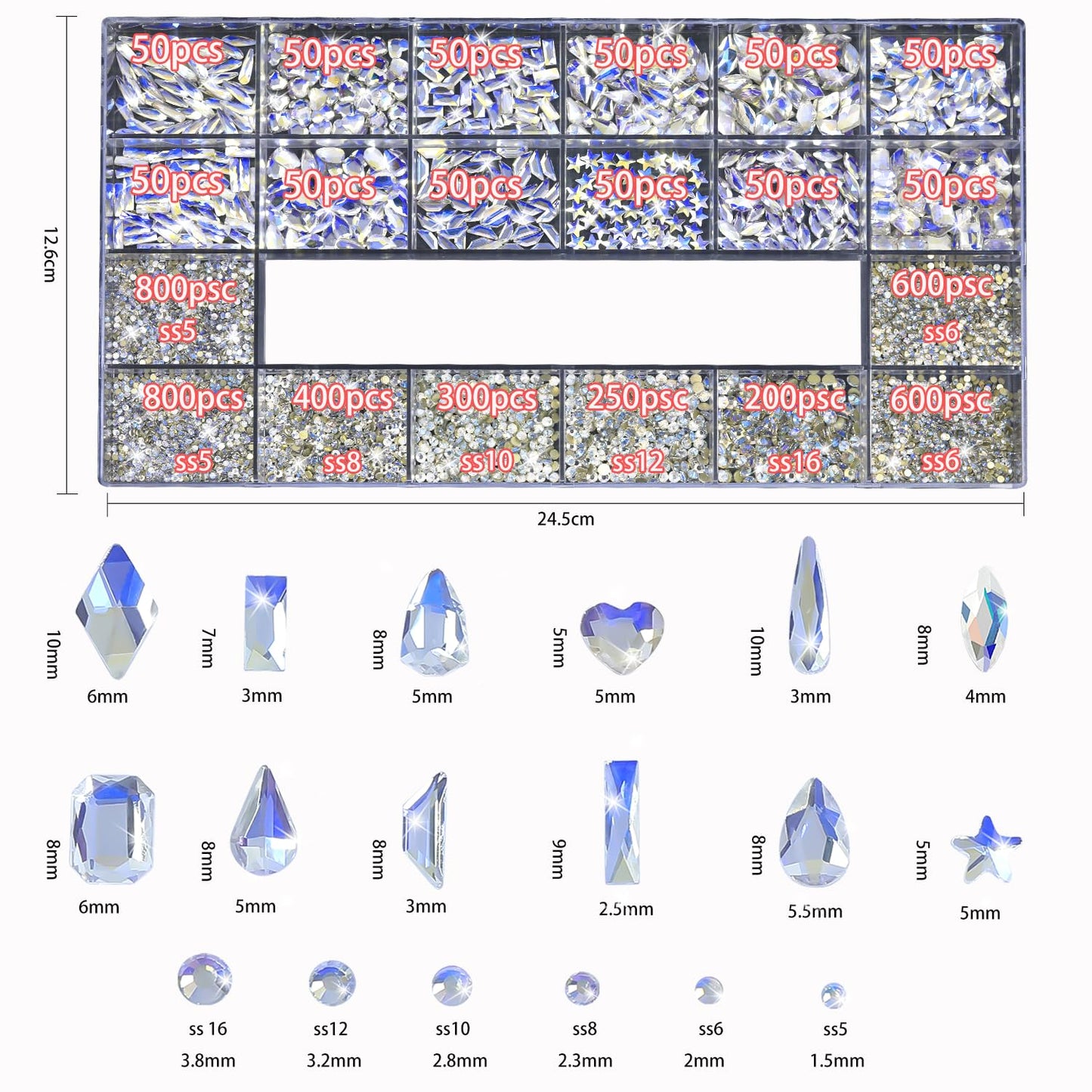 HNUIX Nail Rhinestones - 4550pcs Crystal Blue Moonlight, Multiple Shape Gems, Flatback Rhinestones, with Kit and Glue Gel, for Nail Art