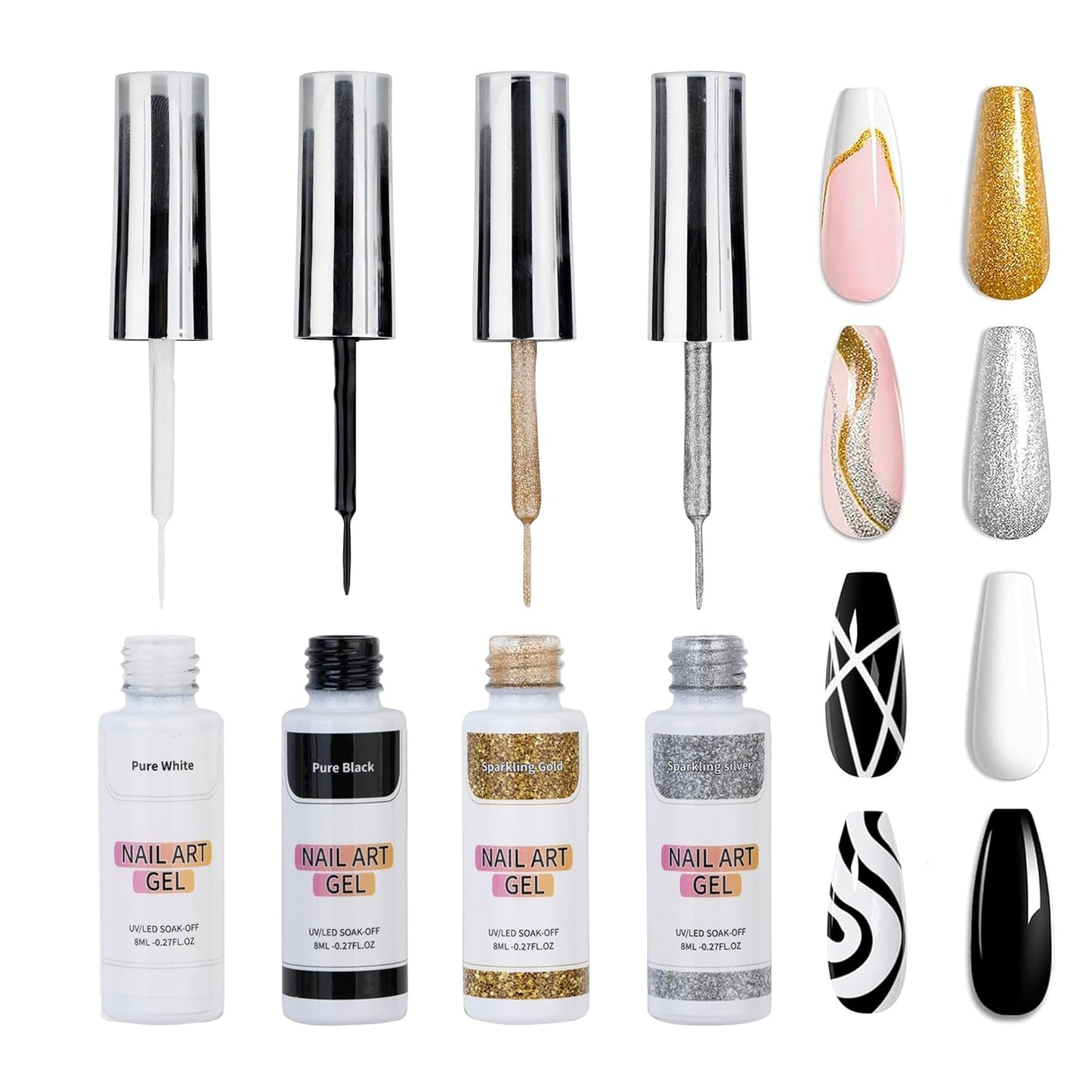 Gel Liner Nail Art Polish Set Gel Liner Nail Art Kit For Nail Design, 4 Colors Black White Gold Silver Design Paint with Thin Brush for French Tip Manicure DIY Nail Art, 8ML
