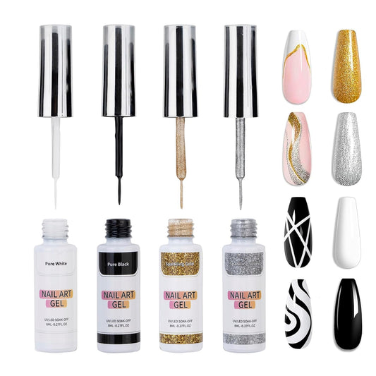 Gel Liner Nail Art Polish Set Gel Liner Nail Art Kit For Nail Design, 4 Colors Black White Gold Silver Design Paint with Thin Brush for French Tip Manicure DIY Nail Art, 8ML