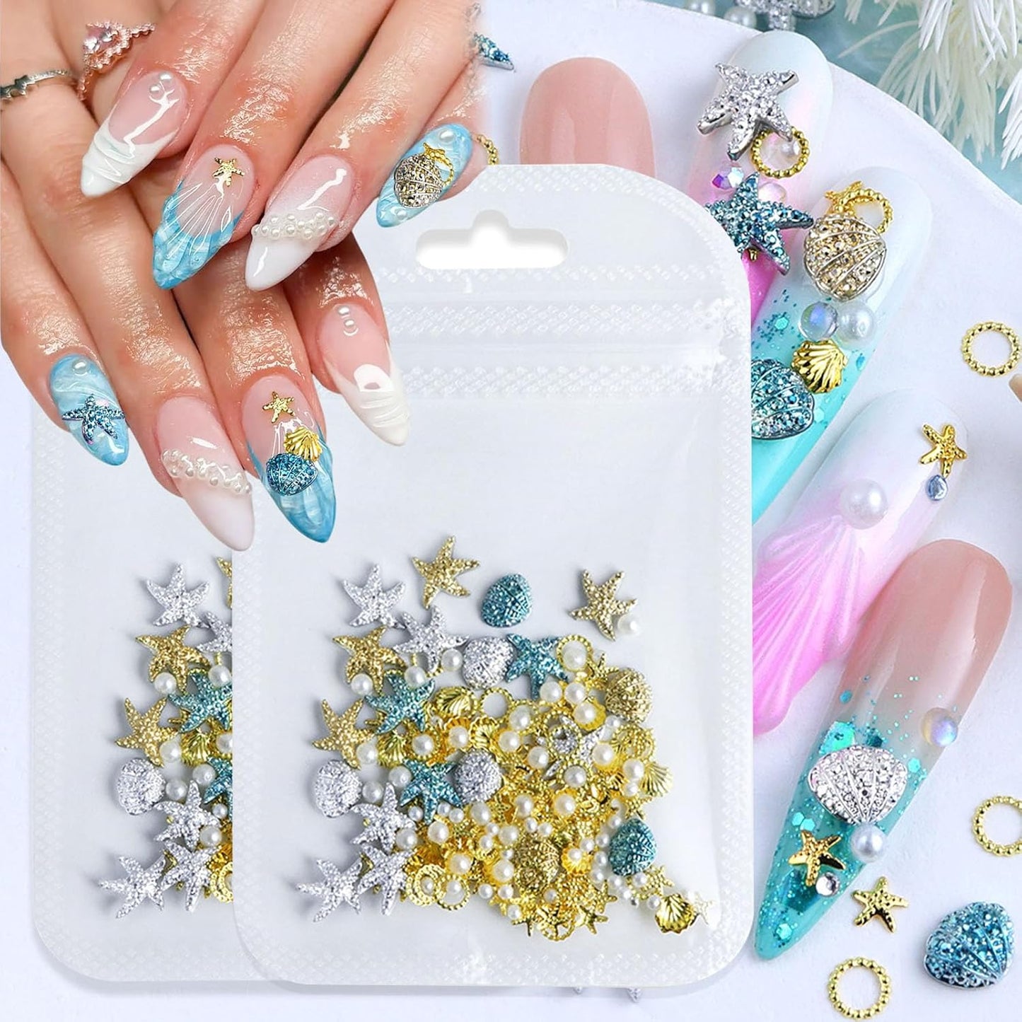 2 Pack 3D Nail Art Charms Set, Summer Beach Theme with Starfish Shell Pearls, Metal Rhinestone Decorations for Acrylic Nails