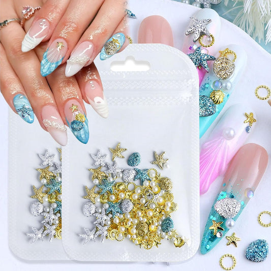 2 Pack 3D Nail Art Charms Set, Summer Beach Theme with Starfish Shell Pearls, Metal Rhinestone Decorations for Acrylic Nails