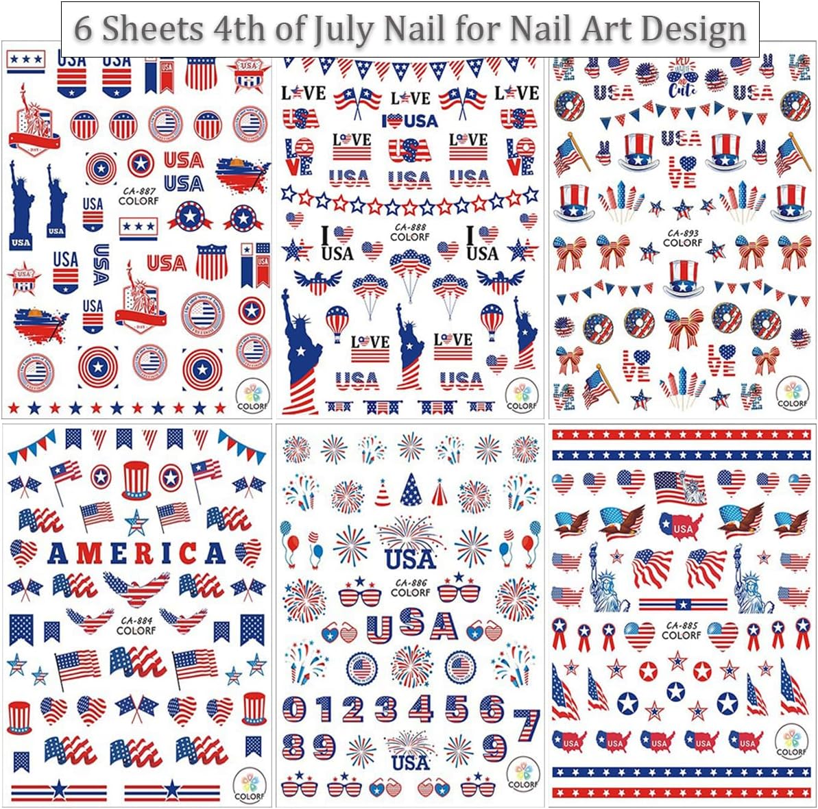 6Pcs Independence Day Nail Stickers for Nail Art - Celebrate 4th of July Nail Decals 3D Self-Adhesive USA Flags Heart Star Bow Eagle Design Firework Sticker for Memorial Day DIY Patriotic Nail Decor