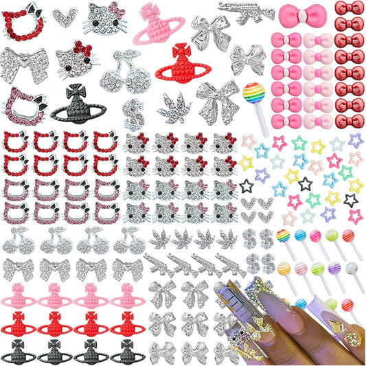 170PCS Nail Charms for Acrylic Nails,Silver Nail Jewels Cat Bow Planet Gun Maple Leaves Cherries Dollar Sign Hearts Star Candy Nail Accessories for Nail Art Supplies Manicure Craft DIY