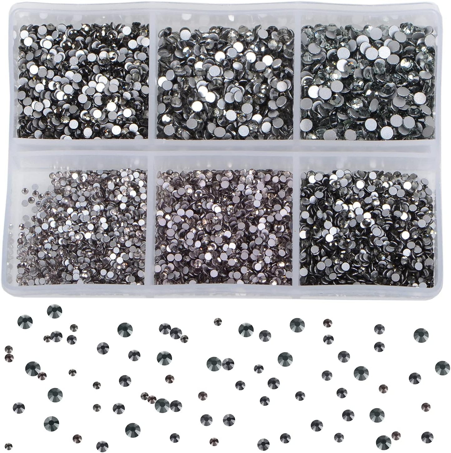 Bymitel 7200 Pieces 6 Mixed Sizes Glue Fix on Glass Rhinestones Round Crystal Gems Flatback for DIY Jewelry Making with one Picking Pen(6-Sizes 7200PCS, Black Diamond)
