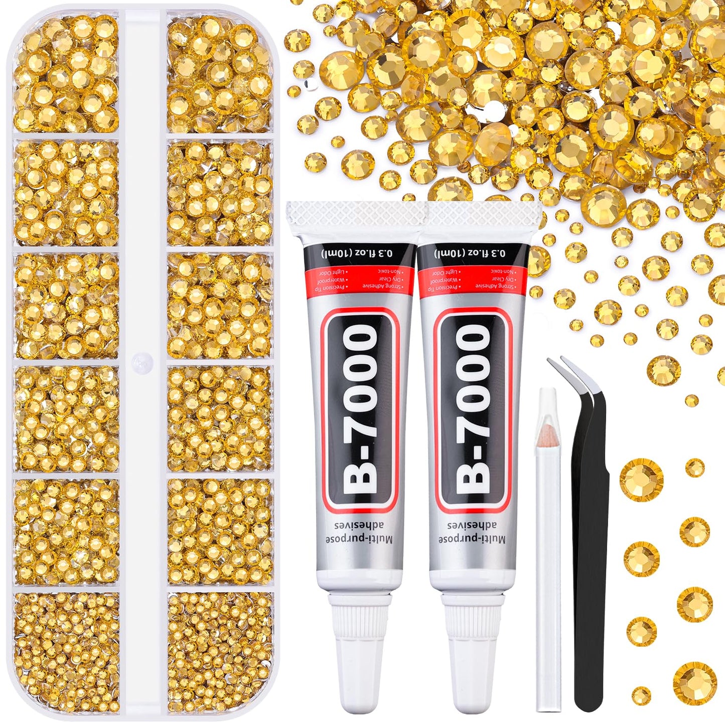 6100Pcs Resin Rhinestones for Bedazzling with 2Pcs 10ml B7000 Jewelry Glue, 1 Box Flatback Crystals Diamond (Golden Yellow) for Crafting Crafts, Gems for Clothing Shoes Tumblers Nail Art