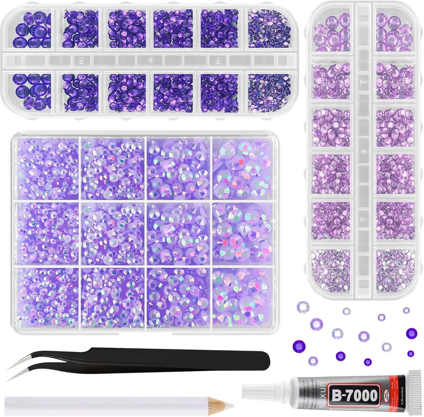 ASTARON Purple Resin Rhinestones for Crafting, 2mm-6mm Mixed Flatback Resin Gemstones for Crafts Gems Bulk Jelly AB Bedazzling Diamonds with Glue for Nails, Tumblers, Mugs Decoration