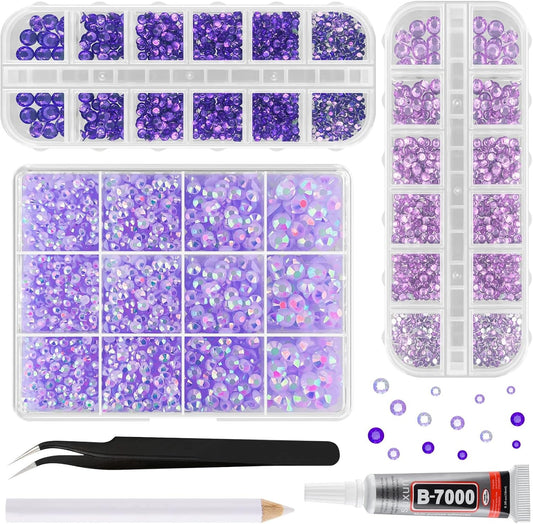ASTARON Purple Resin Rhinestones for Crafting, 2mm-6mm Mixed Flatback Resin Gemstones for Crafts Gems Bulk Jelly AB Bedazzling Diamonds with Glue for Nails, Tumblers, Mugs Decoration
