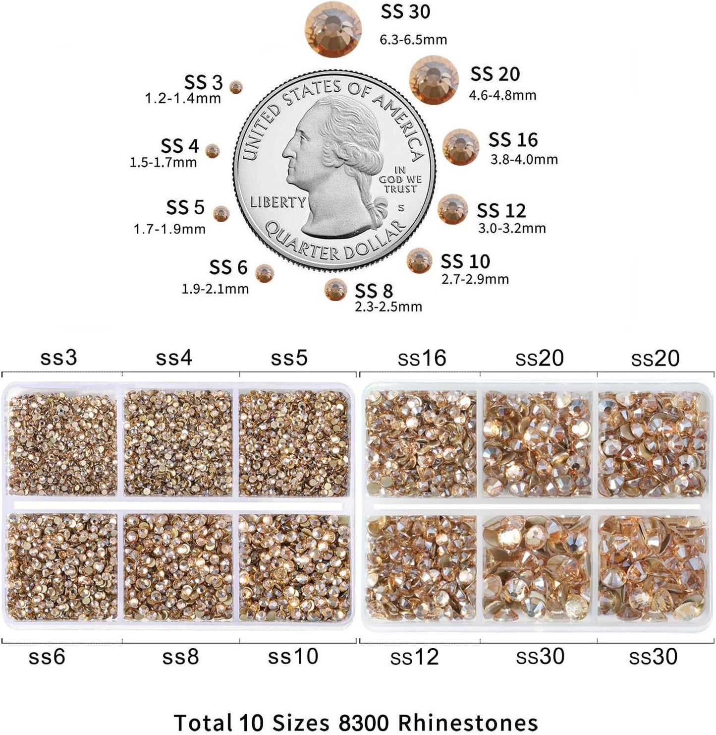 Beadsland 8300PCS Flatback Rhinestones, Gold Rhinestone Round Crystal Rhinestones for Crafts, Mixed 10 Sizes with Wax Pencil and Tweezer Kit, SS3-SS30, Golden Shadow