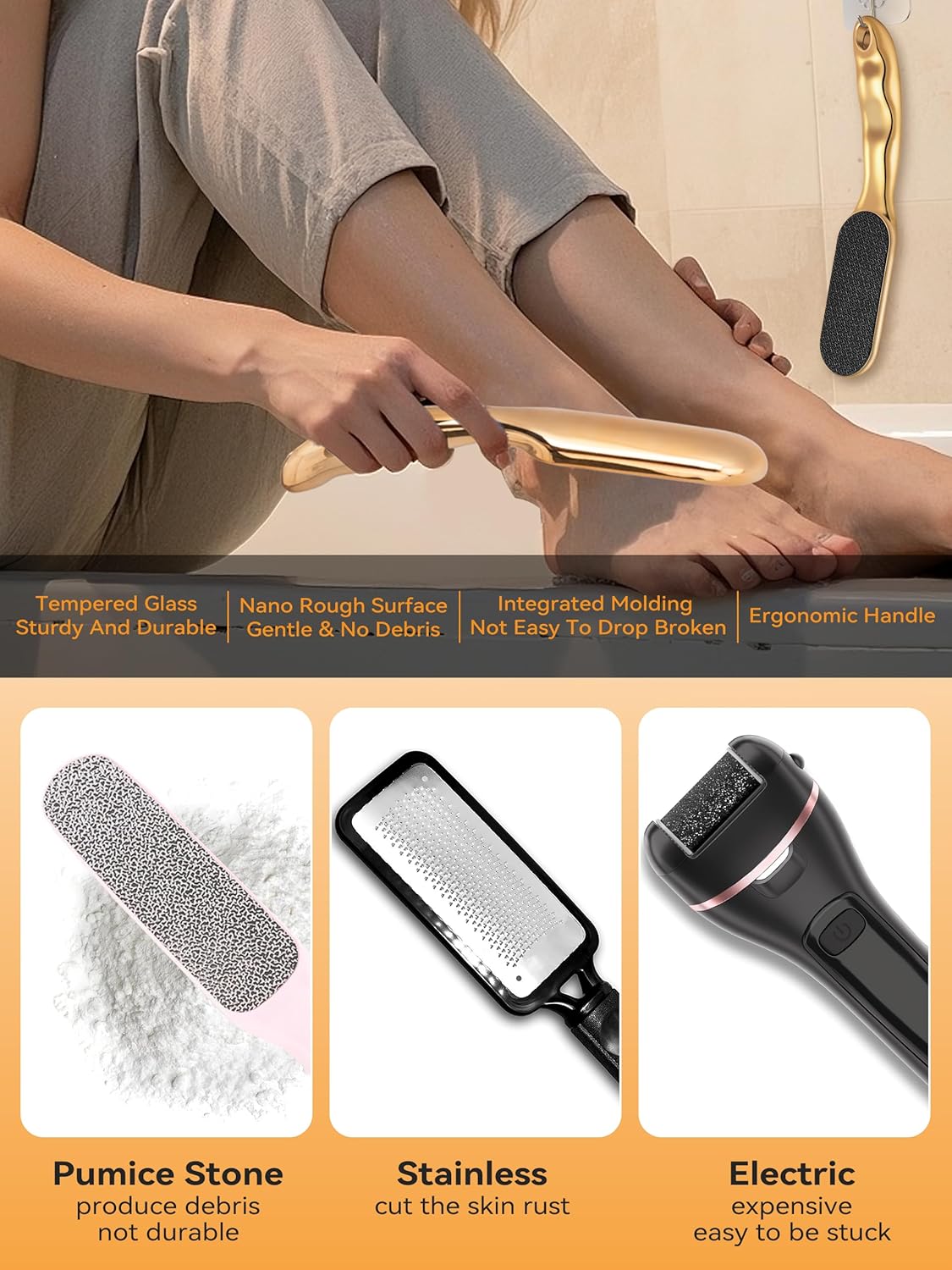 Nano Glass Foot File Foot Callus Remover Scrubber in Shower, Pedicure Tools Feet Scrubber Dead Hard Skin, Anti-Slip Handle Rope & Storage Bag Foot Files for Wet and Dry Feet Care Gift