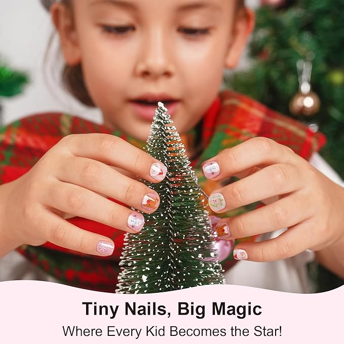 DANNI & TONI Kids Gel Nail Strips Christmas Tree Snowman Reindeer Santa Claus Shimmering Salon-Quality Peel & Stick Manicure for Children (Age 6+)– Safe, Long-Lasting, Easy to Apply | Whimsical Winter