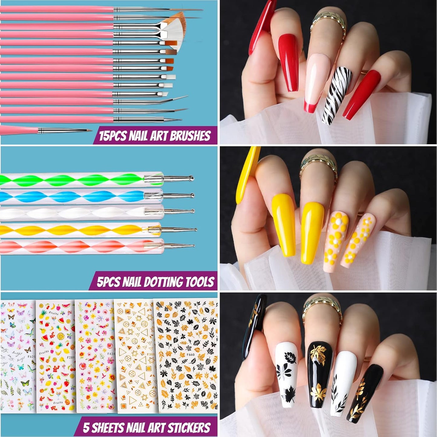 Teenitor Acrylic Fake Nails Kit, Press On Nail Supplies with Clear Coffin Nail Tips Nail Stand Nail Art Brushes Dotting Pen Glitter Sequins Sticker Rhinestones Nail Decorations Press On Nails Kit