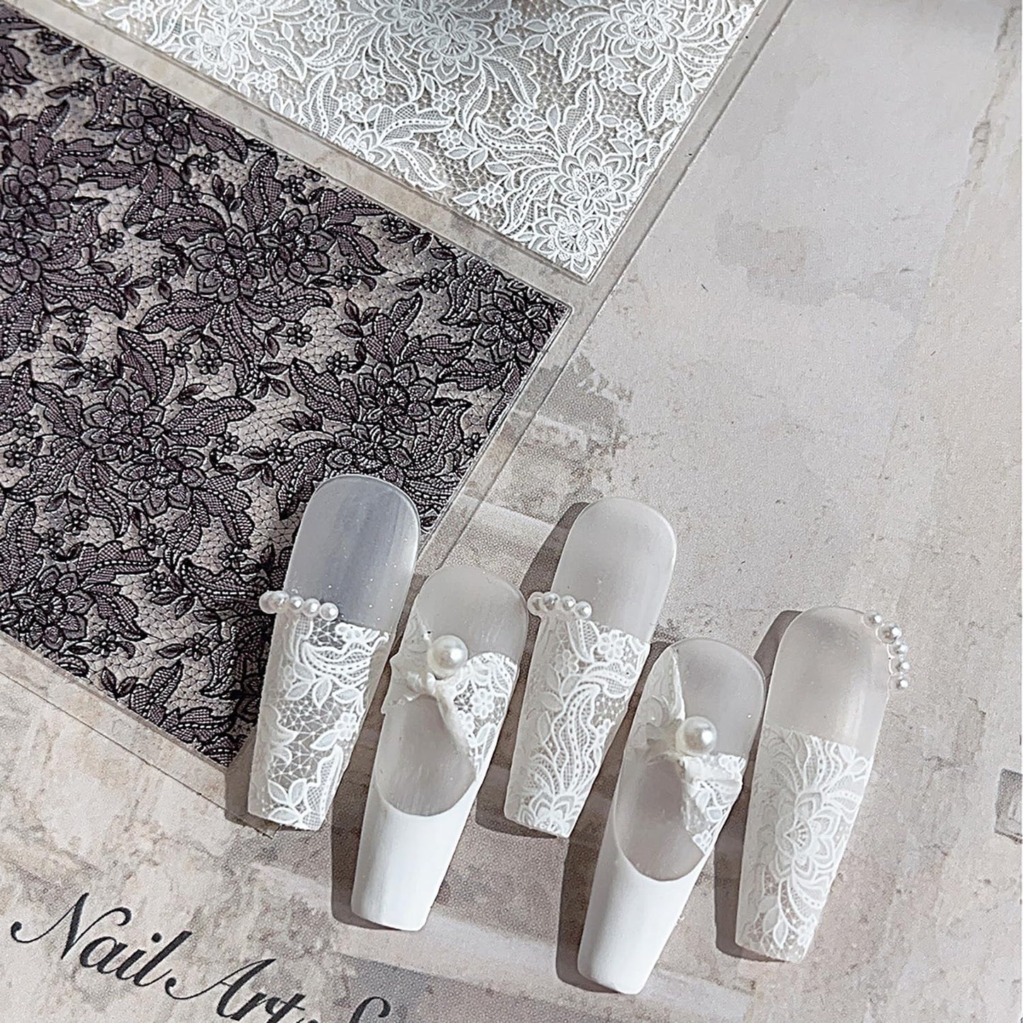 1 Sheets Embossed Lace Nail Decals for Nail Art Black White Flower Nail Stickers 5d Self-Adhesive Lace Flowers Nail Decals Fall Winter Nail Decoration for Women Nails Designs Accessories