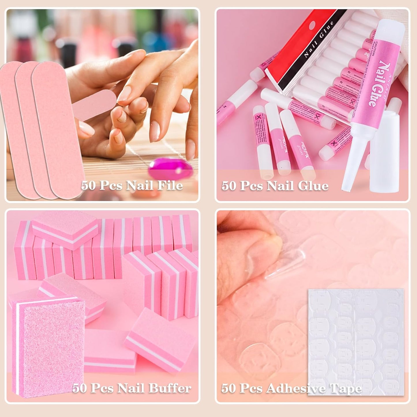 50 Set Press On Nail Tool Prep Kit for Salon Business, Disposable Manicure Kit with Nail File, Buffer, Glue, Prep Pad, Instruction Card, Adhesive Tabs, Wood Stick, Holographic Bag