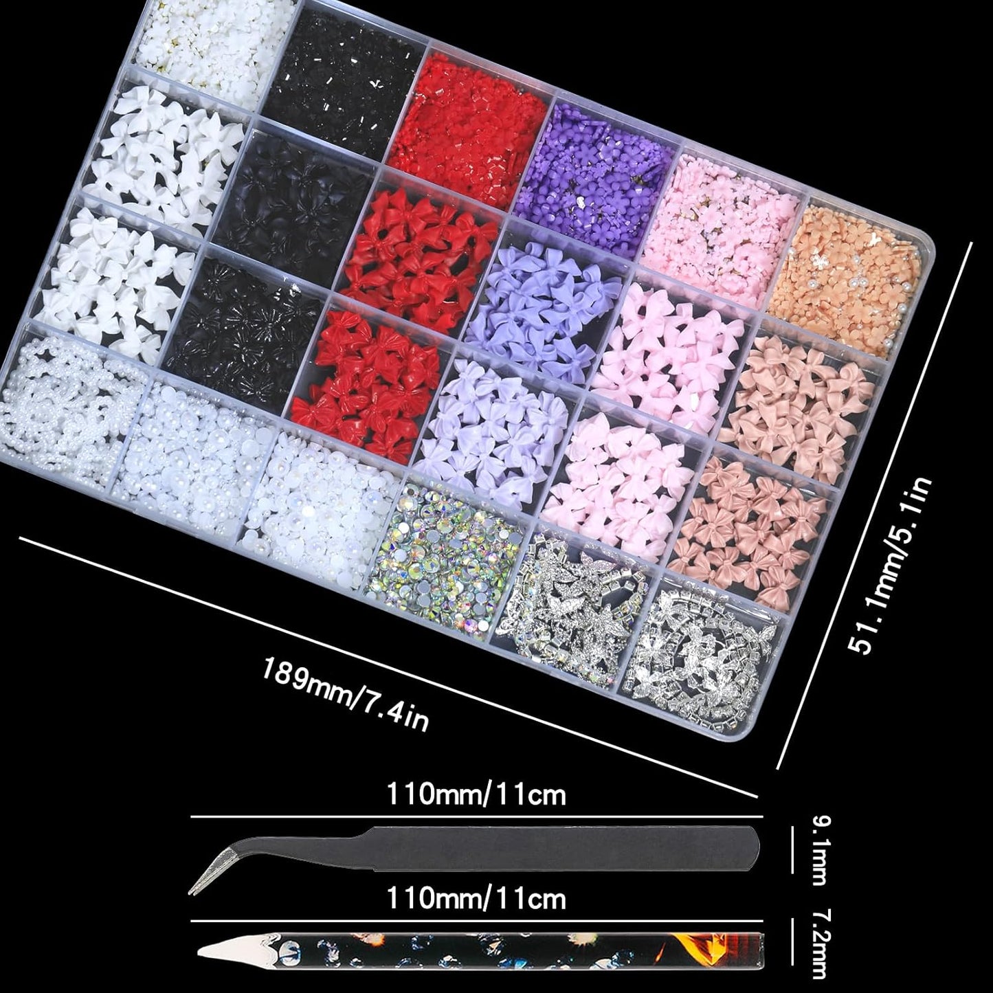 HNUIX Bow Nail Charms - 3D Multiple Colors, Butterfly, Flower, Pearls, Flat Back Rhinestones, with Kit, for Nail Art