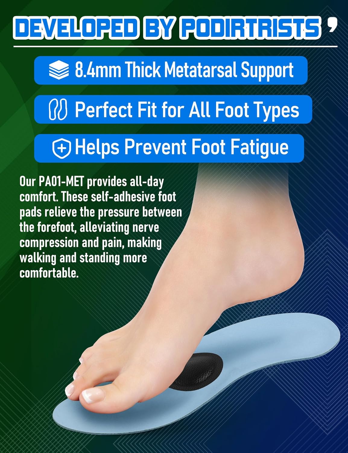 Metatarsal Pads for Men, Ball of Foot Cushions for Pain Relief, Comfortable Forefoot Support for Metatarsalgia and Morton's Neuroma, 1/3 Inch Thick Self-Adhesive Foot Pads, 2 Pairs L