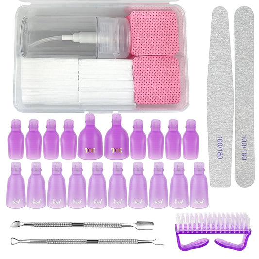 Gel Nail Polish Remover Tools Kit, 20 Toenail & Finger Nail Clips 120 Ml Push Down Pump Dispenser Bottle 200 Nail Remover Pads 200 Lint Free Nail Wipes Cuticle Pusher & Peeler Nail Brush 2 Nail Files