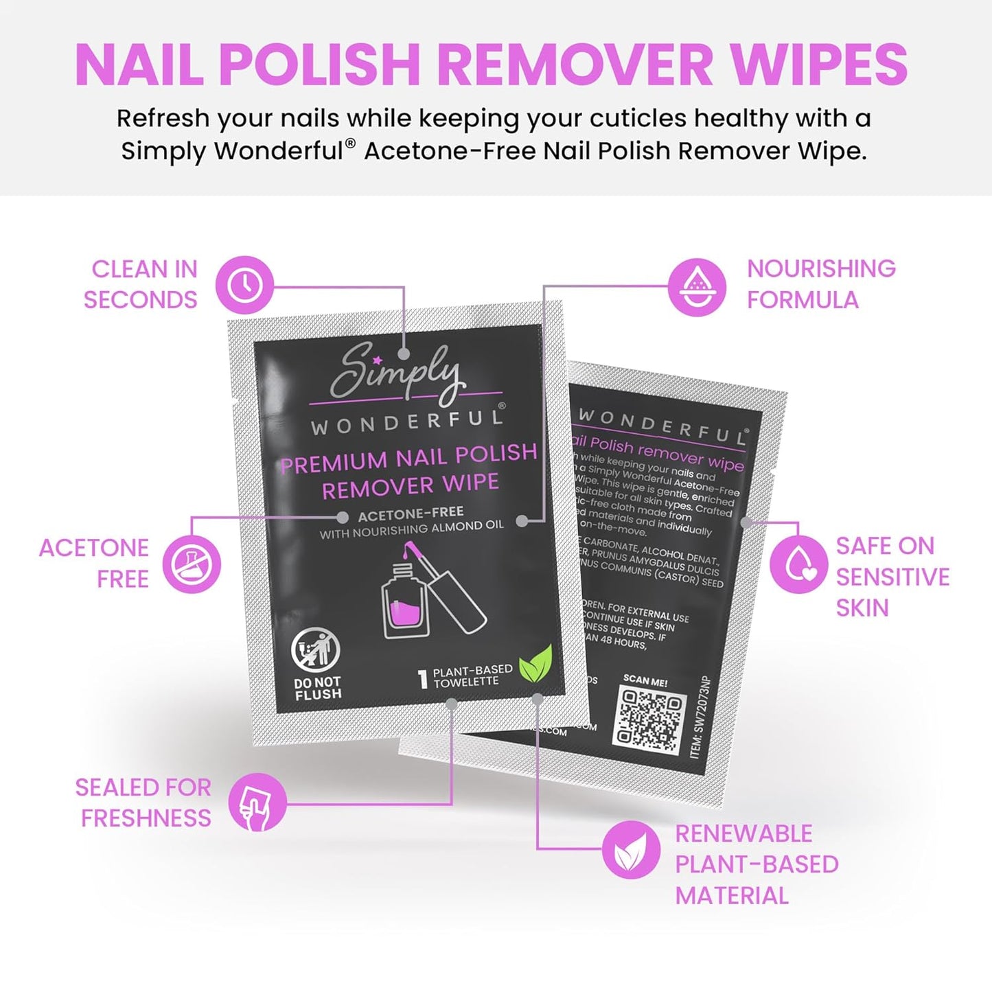 Simply Wonderful Lint Free Nail Polish Remover Wipes, Acetone-Free, Enriched with Nourishing Almond Oil, Plant-Based Nail Polish Remover Pads, 100 Individually Wrapped Nail Polish Wipes