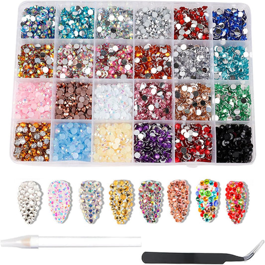 24000Pcs Nail Art Rhinestones, BetterJonny 24 Colors 3mm Round Nail Flatback Rainbow Gems Set with Tweezers and Pencil AB Glitter Flat-Bottomed Rhinestone for Crafts Decoration and Jewelry Making