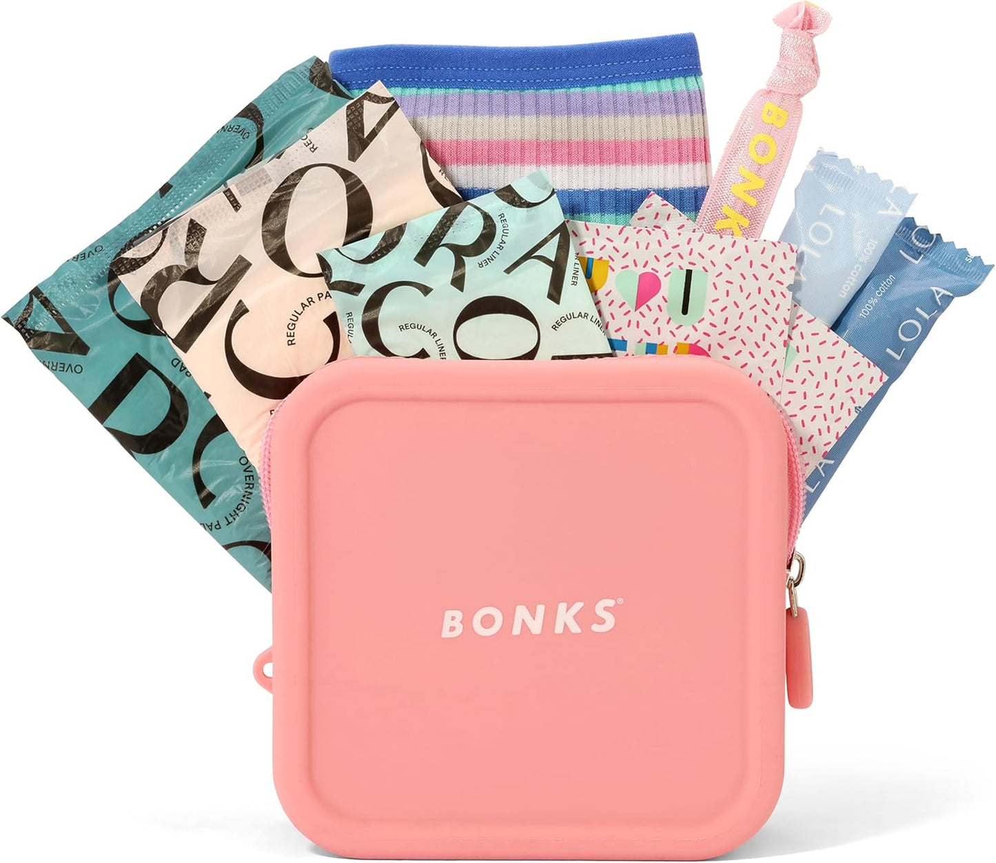 BONKS GoGo Kit - Emergency Tween Period Kit - Portable Menstrual Pouch for Women - Essential Women's Travel Kit - Includes Pads, Tampons, Underwear & More - Female Hygiene Care - S/M (12-14)