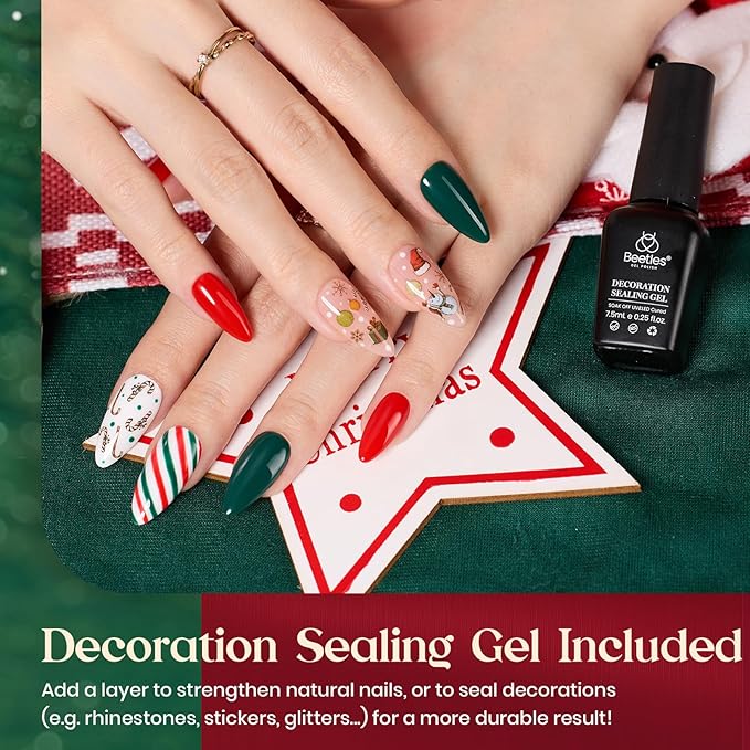 Beetles Green Gel Nail Polish Set, Sparkle Red Green Gel Polish Kit Soak Off UV LED Gel Nail Kit Manicure Gift with Nail Strengthener Gel