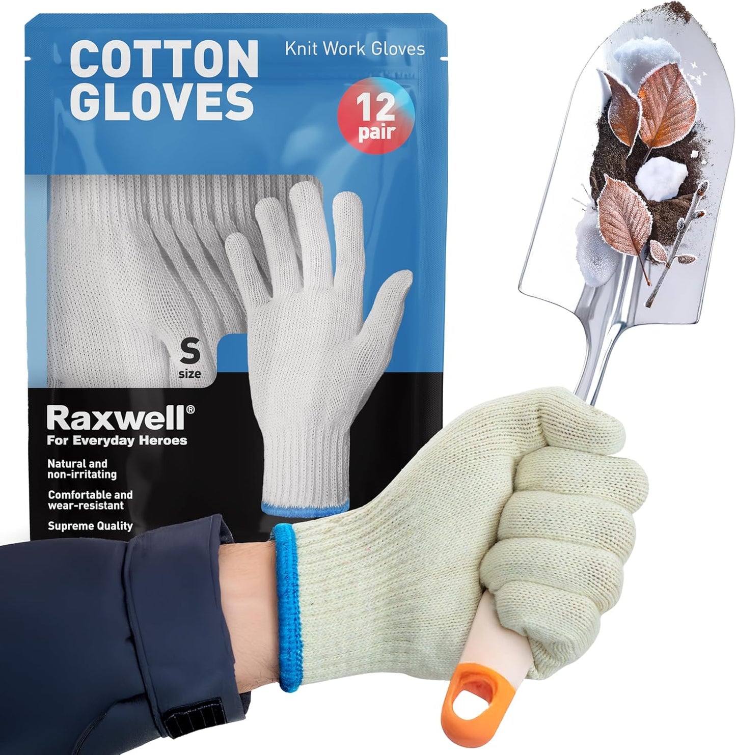 Raxwell White Cotton Gloves - Premium Knit Work Gloves, 12 pairs - Durable Liners for BBQ, Painting, Gardening, Industrial, & Mechanics, Natural Color, Size Small