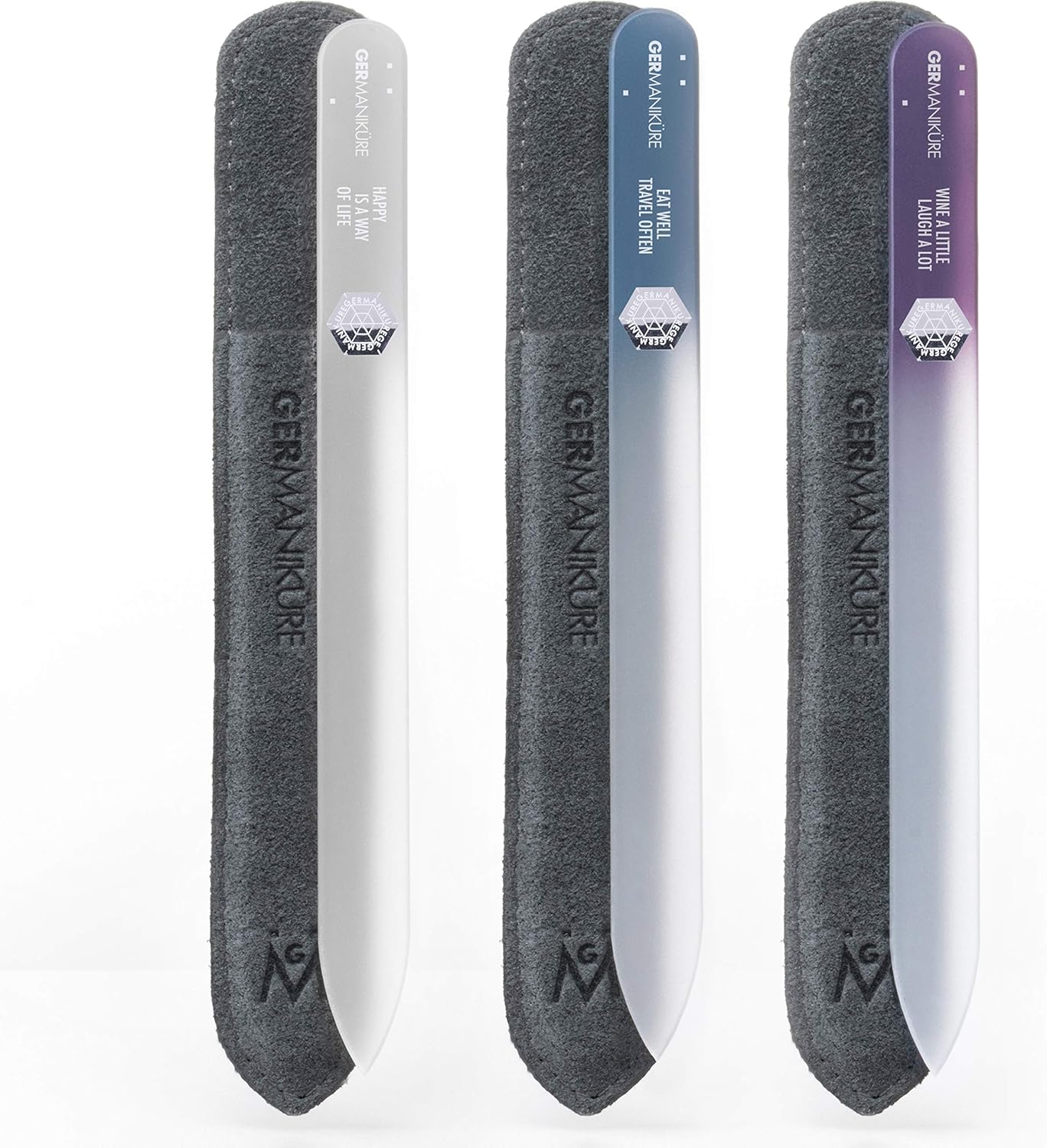 GERMANIKURE Czech Crystal Glass Nail File 3 Pack in Suede Leather Case - Professional Manicure & Pedicure Products for Smooth Easy Shaping of Natural Nails