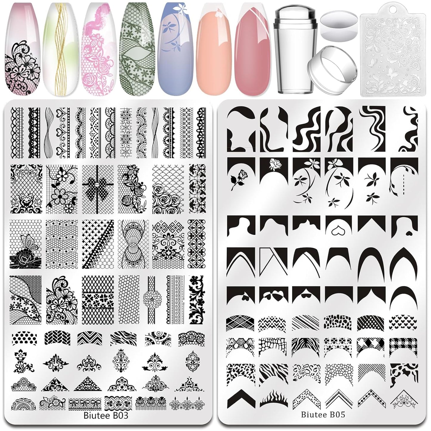 Biutee Nail Stamping Plates 2Pcs French Tip Stamp Plate 110 Patterns Nail Stamping Kit With Silicone Stamper Scraper Large Lace Line Flower Nail Art Stamping Template Christmas Holiday Gift for Women