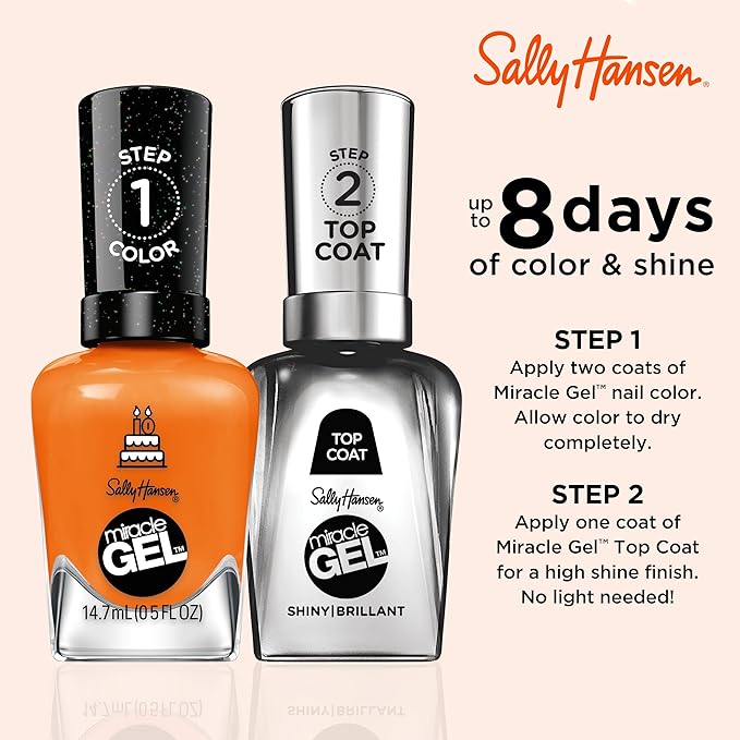Sally Hansen Miracle Gel Salon Quality Nail Polish | Gel-Like Formula, Two-Step System, No UV Light Needed, Long Lasting | Sheer, Glittery | 386 Gelebrate | Bright Orange Nail Color
