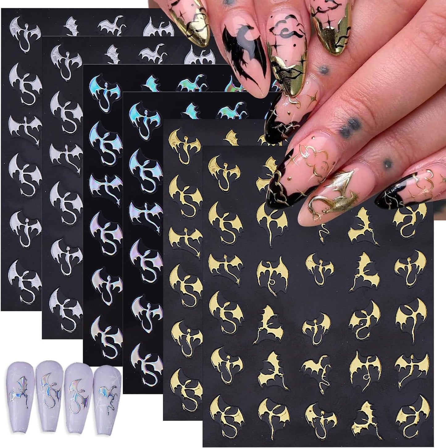 6 Sheets Halloween Bat Nail Stickers for Nail Art Glitter Laser Gold Silver Nail Decals 3D Self-Adhesive Gothic Dragon Nail Design Stickers Holiday Nail Art Supplies for Women DIY Women