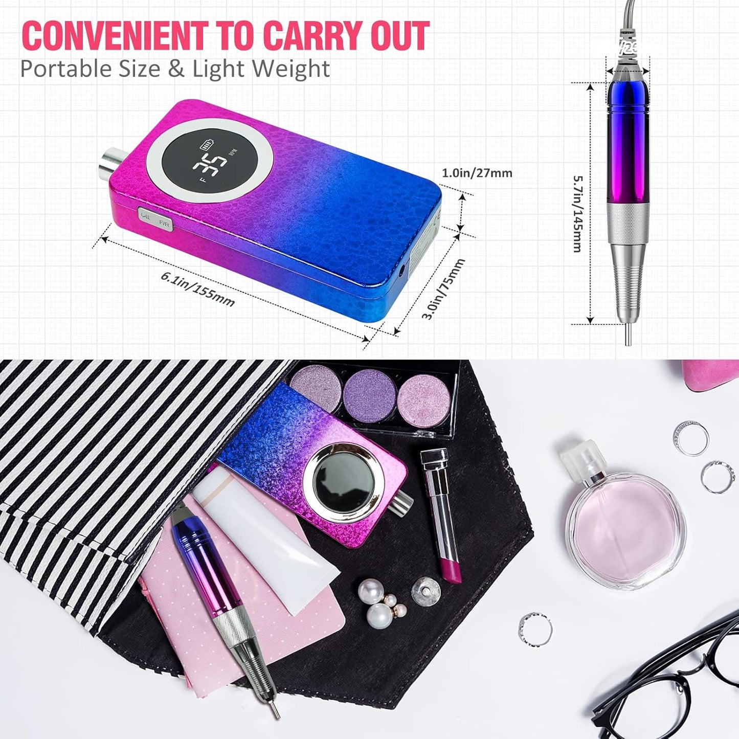 Portable 35000RPM Nail Drill Machine Gradient Color Electric Nail File with TFT Display Rechargeable Efile Professional Nail Drills for Gel Nails for Manicure Pedicure