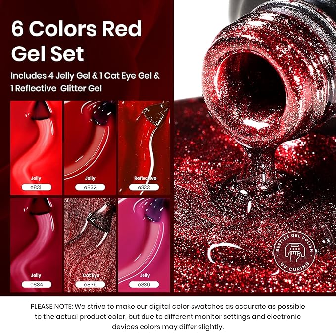 Beetles Red Gel Nail Polish Set, Winter Gel Polish 6 Colors Cat Eye Glitter Burgundy Bright Jelly with Magnet, Soak Off LED Lamp DIY Salon at Home Manicure Gifts for Women Red Revival