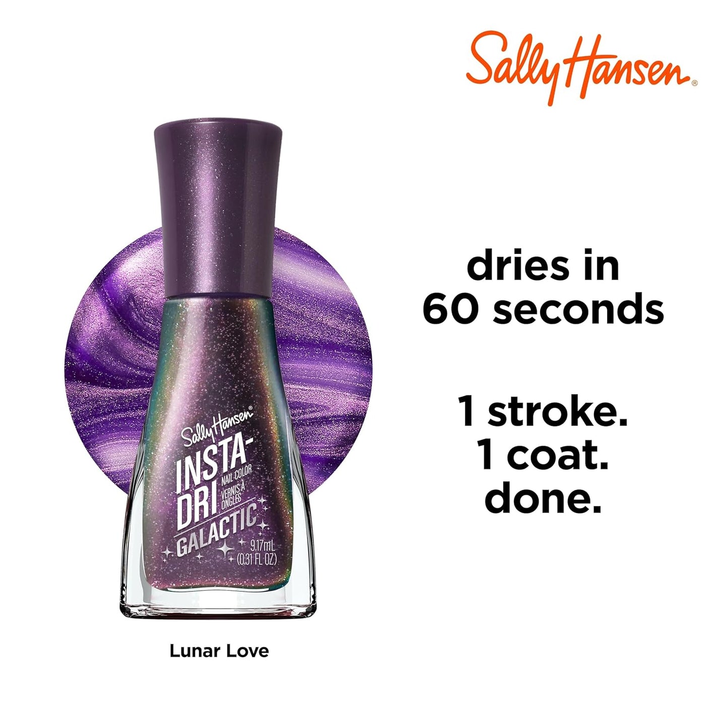Sally Hansen Insta-Dri Galactic Nail Polish | Quick Dry, Long Lasting, Streak-Free Shine | Semi-Opaque, Shimmery | 116 Lunar Love | Holographic Black Purple Nail Color