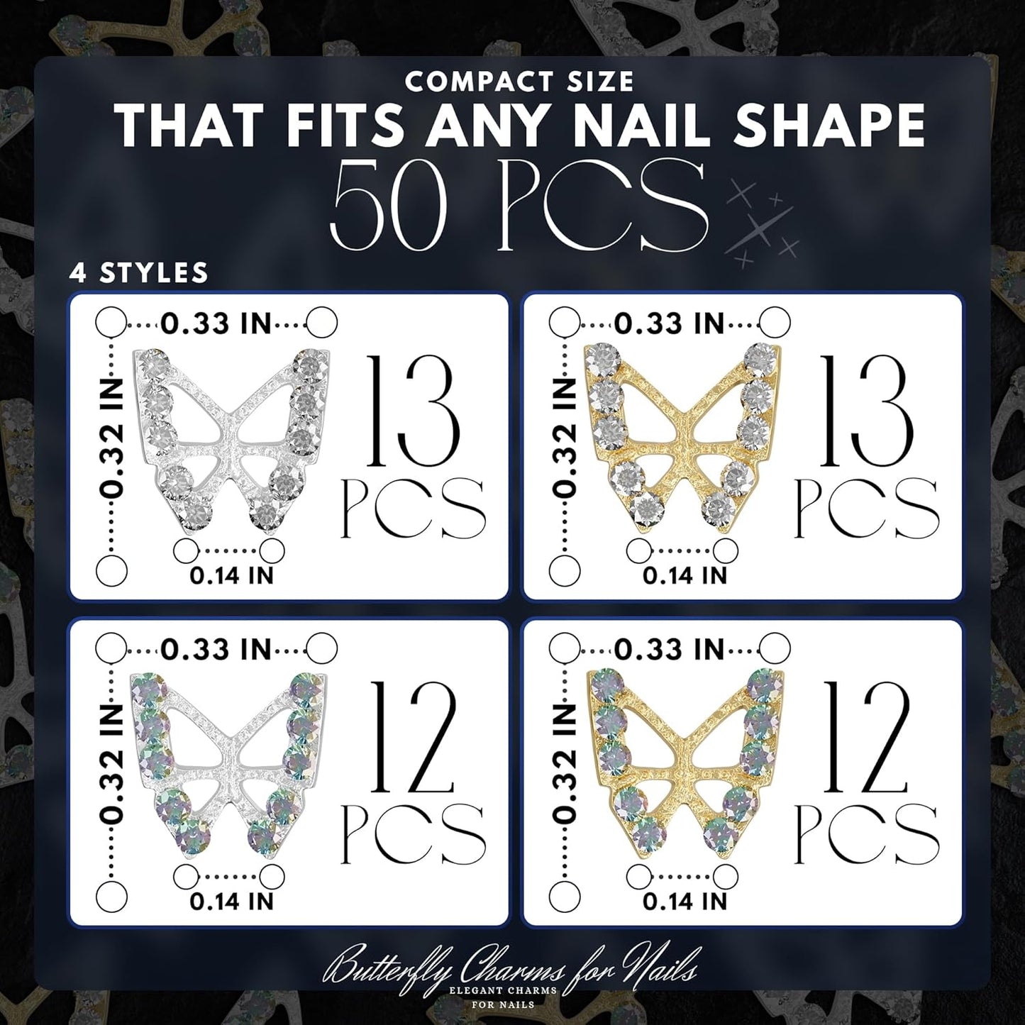 50 Pcs Butterfly Charms for Nails – Silver & Gold Butterfly Nail Charms, Long-Lasting Shine, Nail Decorating Kit for Any Occasion – Sparkly Nails Design for Eye-Catching Style